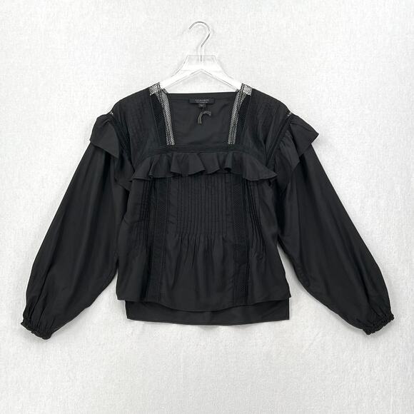 ALLSAINTS Juliette Pintuck Ruffle Top Womens 00 Black Square Neck Balloon Sleeve - Picture 3 of 13